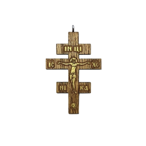 Krížik drevený gréckokatolícky na koženej šnúrke, vzor 2