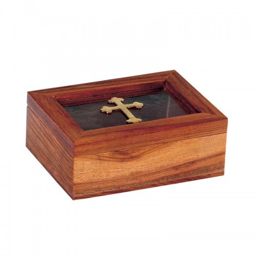 Relikviár drevený so sklom a mosadzným krížom 01