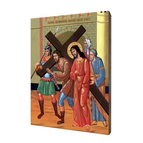 Ikona "Krížová cesta V. - Šimon z Cyrény pomáha Ježišovi niesť kríž", pozlátená